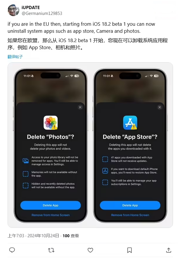 志丹苹果手机维修分享iOS 18.2 支持删除 App Store 应用商店 