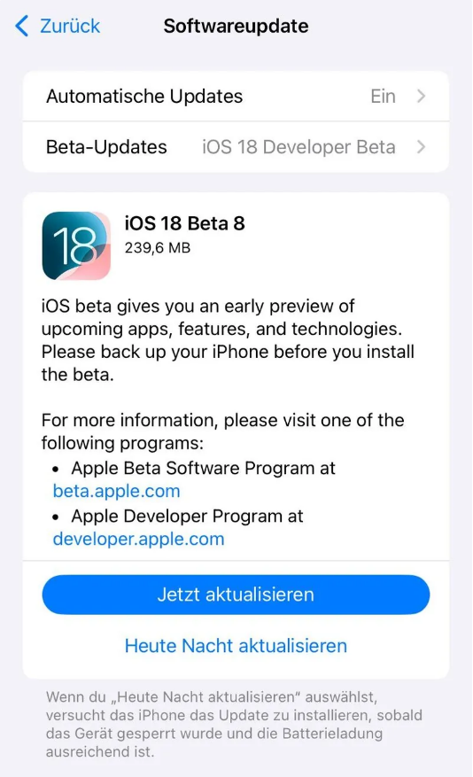 志丹苹果手机维修分享苹果 iOS / iPadOS 18 开发者预览版 Beta 8 发布 